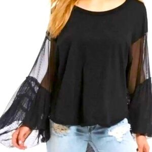 Free People Black Sheer Bell Sleeve Top